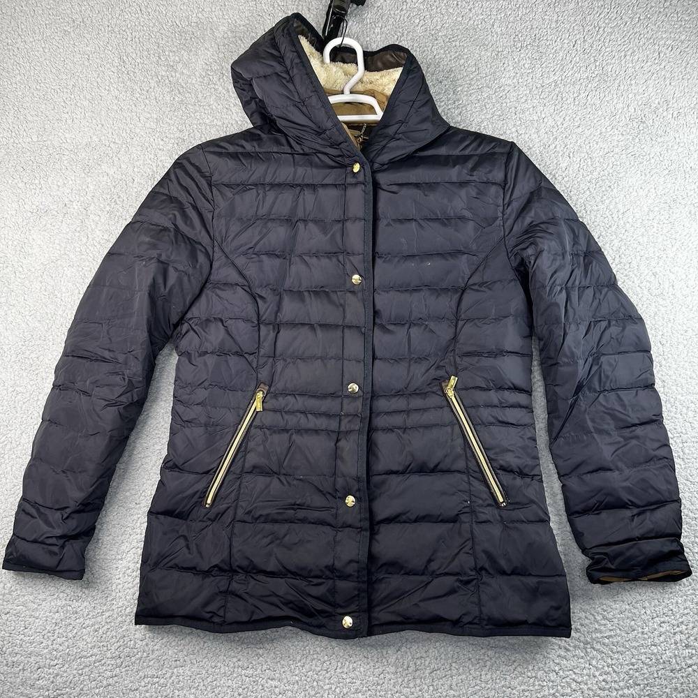 Johnston & Murphy Womens Puffer Jacket Blue Hooded Faux Fur Lined Zip Pockets M